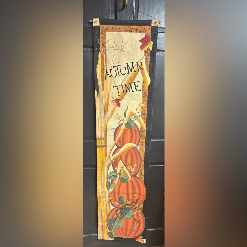 Autumn Time Decorative Set of Two Painted Canvas Banners with Metal/Wood Hangers